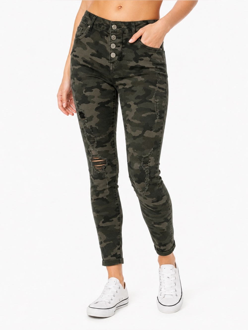 Rue21 Camo Distressed Ankle Jeggings High Rise Button Fly Size 0